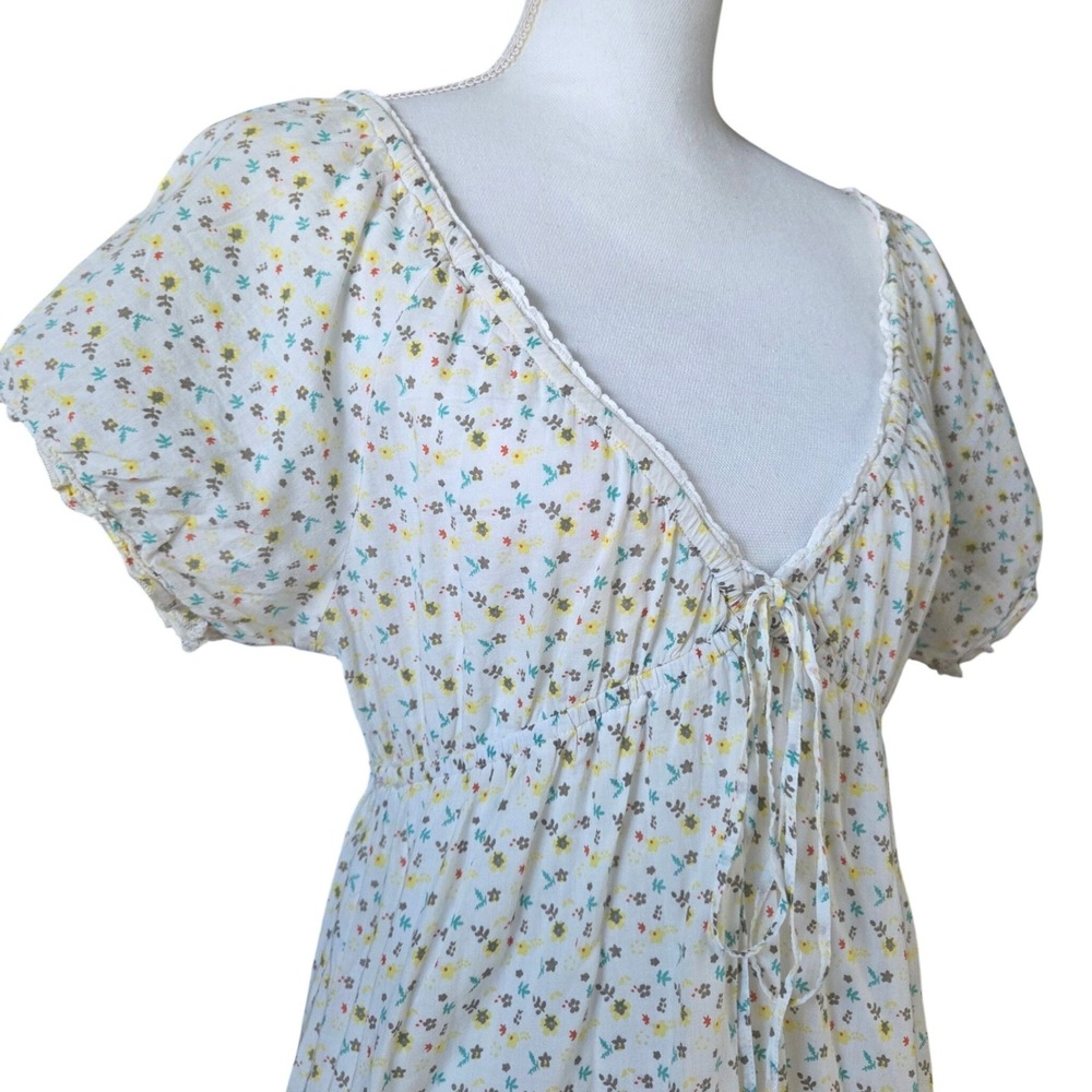 Ditsy Floral Mini Dress Cream Tie Front Cottagecore Ruffle Hem Medium EuroSummer